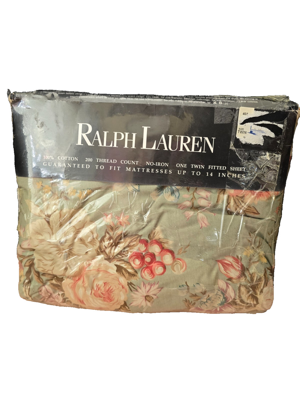 NOS Ralph Lauren Charlotte IV Green Damask Twin Fitted Sheet